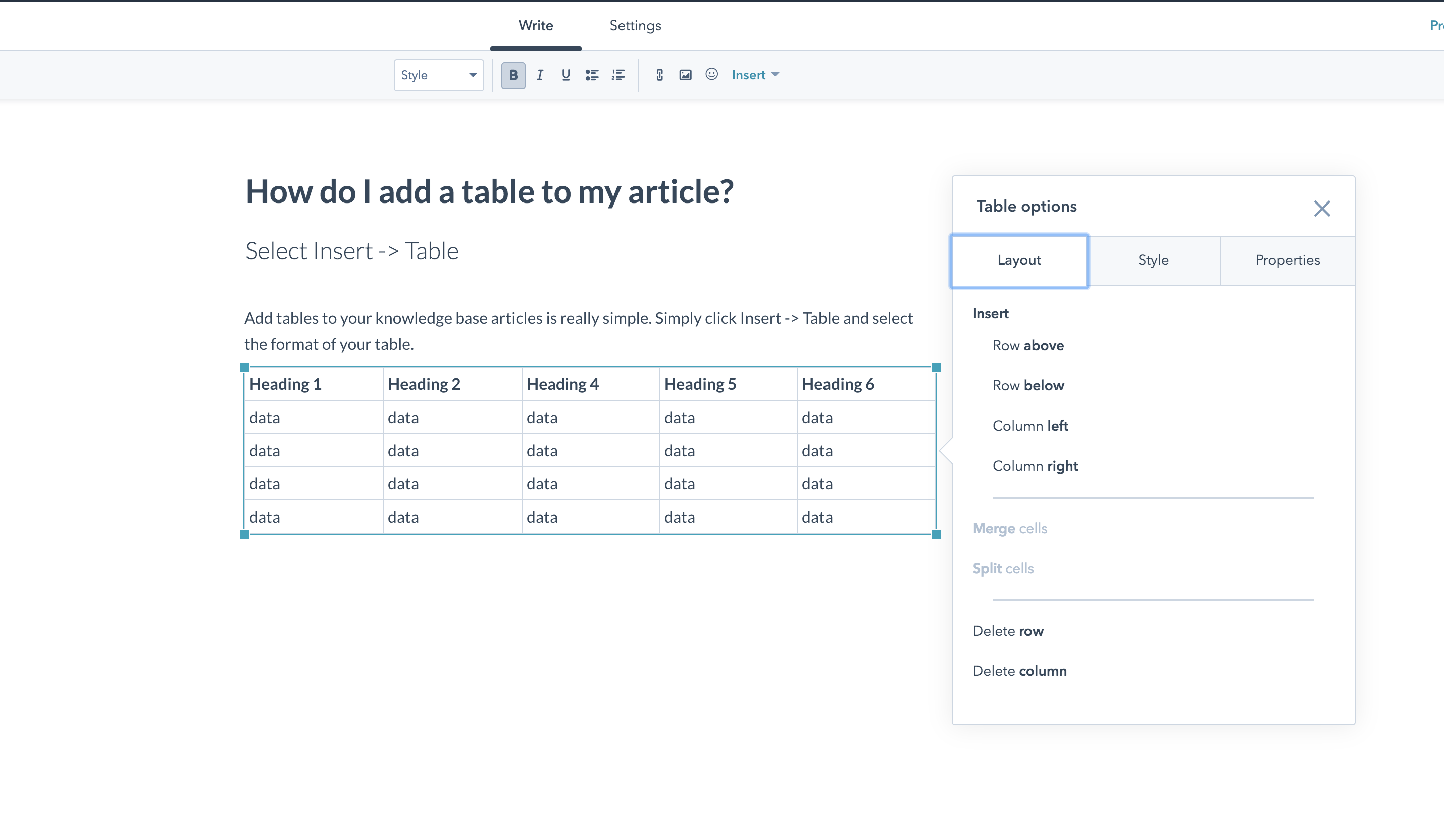 Tables in Knowledge Base Articles